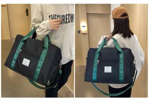 Large capacity travel duffel bag with green straps, wet dry separation and shoe compartment.