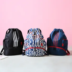 Oxford cloth drawstring sports backpack, large capacity gym bag with stylish stripes.