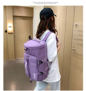 Zaino cilindrico viola da donna, grande borsa da viaggio casual e zainetto per la scuola.