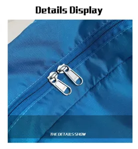 Blue sports backpack detail view, durable oxford fabric with smooth metallic zipper pullers.