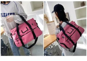 Waterproof pink fitness duffel bag with dry wet separation and shoe compartment for travel.