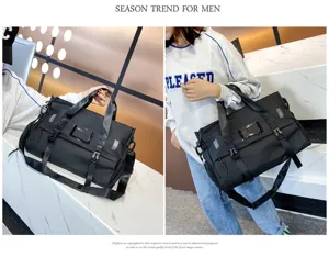 Waterproof travel duffel bag detail showcasing dry wet separation and shoe compartment.