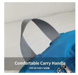 Blue oxford cloth sports backpack handle detail, durable waterproof gym bag design.