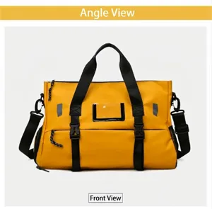 Detail view of yellow waterproof fitness gym bag with wet dry separation and shoe compartment.