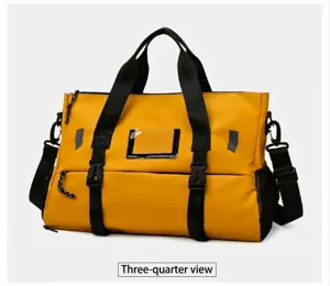 Waterproof gym duffel bag detail showing durable black buckles and transparent card slot design.