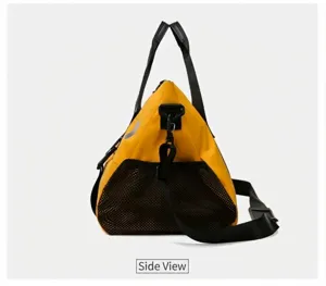 Detail view of the yellow waterproof gym bag showing mesh pocket and adjustable shoulder strap.