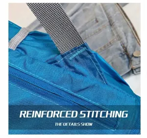 Close-up detail of blue oxford cloth sports backpack showing reinforced stitching.