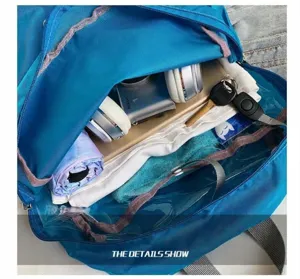 Detailed view of the blue waterproof oxford sports backpack interior capacity and storage.