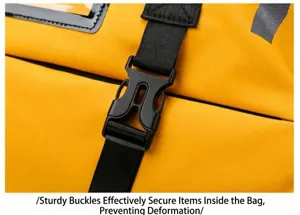 Waterproof fitness duffel bag detail, durable plastic buckle and strap design.