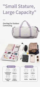 Detail view showing large capacity duffel bag with organized travel and daily commute items inside.