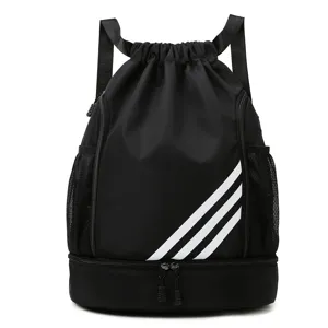 Black drawstring backpack sports gym bag with shoe compartment and side mesh pockets for men