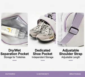 Gym sports bag detail showing wet dry separation pocket and shoe compartment for travel.