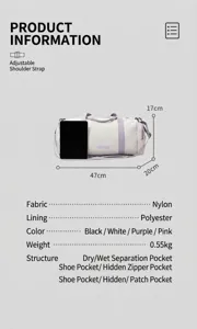 Detail view of the color block fitness duffel bag showcasing dimensions, nylon material and structure.