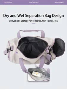 Stylish sports duffel bag with wet dry separation pocket, large capacity travel fitness bag.