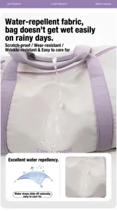 Water-repellent fabric detail of the stylish color-blocked fitness travel sports duffel bag.