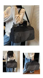 Large capacity gym duffel bag for women and men, stylish travel sports bag with grid design.