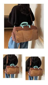 Detailed view of the large capacity travel fitness bag with brown plaid design and blue handle.