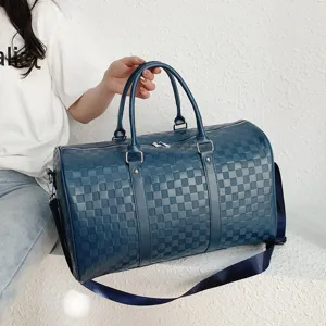 Blauer karierter Reise-Duffel-Bag für Damen und Herren, große Leder Sport-Gepäcktasche.