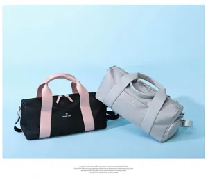 Detail view of large capacity sports duffel bag with shoe compartment and dry wet separation.