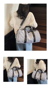 Detailed close-up view of casual travel duffel bag showing back wear style and strap design.