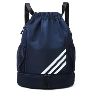 Zaino sportivo con coulisse blu scuro con scomparto inferiore e tasche laterali in rete per palestra