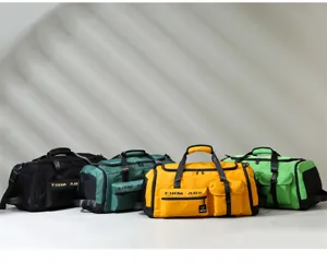 Detail view of large capacity oxford cloth travel duffel bag showcasing multiple functional pockets.
