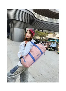 Pink and blue color block fitness duffel bag, large capacity sports travel bag for daily use.