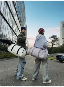 Large capacity fitness duffel bag with color block design, perfect for travel and sports.