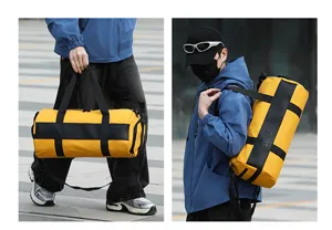 Large capacity yellow and black cylindrical gym duffel bag for travel, sports, and fitness.