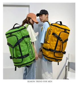 Detail view of the large capacity travel backpack featuring durable oxford cloth and compartments.