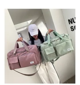 Large capacity travel duffel bag oxford cloth gym bag with shoe compartment pink green.