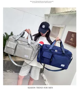 Large capacity gym bag and travel duffel with dry wet separation and shoe compartment.