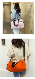Oxford cloth fitness duffel bag in detail view, showing lifestyle carrying scene and color.