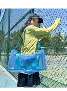 Outdoor blue mesh travel bag large capacity gym duffel waterproof beach bag for sports.