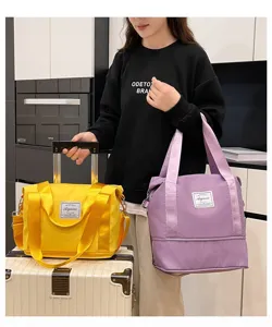 Small travel gym bag for women, expandable shoulder crossbody luggage bag with dry wet separation.