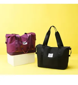 Two-layer expansion travel duffel bag with dry wet separation for sports fitness yoga luggage.