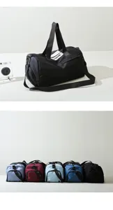 Oxford fabric dry wet separation gym bag with shoulder strap and shoe compartment details.