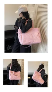 Details of the large pink tote bag showcasing multi-angle view, spacious capacity and straps.
