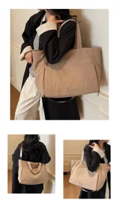 Large capacity beige tote bag for women, casual canvas shoulder bag with multi-pocket design.