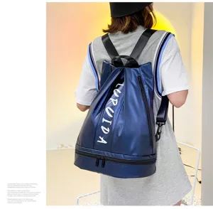 Zaino in pellicola di pelle blu con separazione asciutto-bagnato viaggio e fitness.