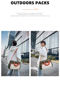 Casual outdoor travel duffel bag with large capacity, color block design, and adjustable strap.