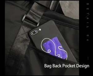 Sac de sport voyage noir détail, sangle en tissu durable et conception de poche pour fitness.