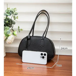 Schwarze Litschi-Muster Bowling-Handtasche, lässige Schultertasche für Damen, Hauptansicht.