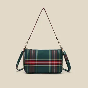 Vintage red green plaid baguette bag, stylish woven shoulder underarm handbag for women.