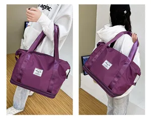 Detailed view of the purple expandable gym travel bag showcasing dual layer capacity.