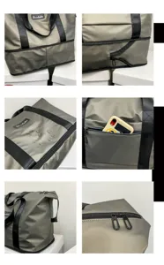 Vista dettagliata della borsa da palestra espandibile, tessuto impermeabile, tasche.