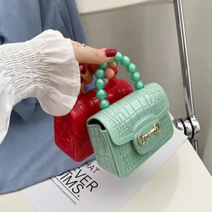 Süßwaren Farbe PVC Jelly Handtasche mit Krokodil Muster und Perlen Griff für Damen.