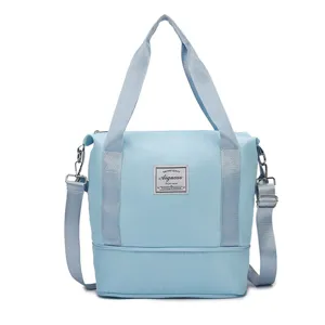 Light blue small fitness gym bag, stylish shoulder crossbody travel bag with dry wet separation.