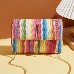 Damen Mode Bunt Strohgeflecht Umhängetasche Quaste Metall Hardware Schultertasche Kettengurt Sommer Strand Handytasche