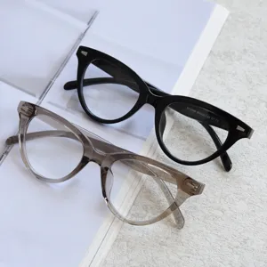 Cat-eye glasses frame detail shot, stylish retro optical frames in black and grey, trendy.